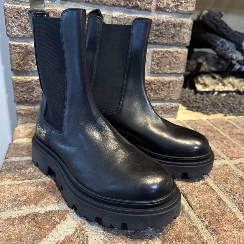 ROBERTO CAVALLI Lug Platform Chelsea Black Leather Boots Women's Size 8 EU38